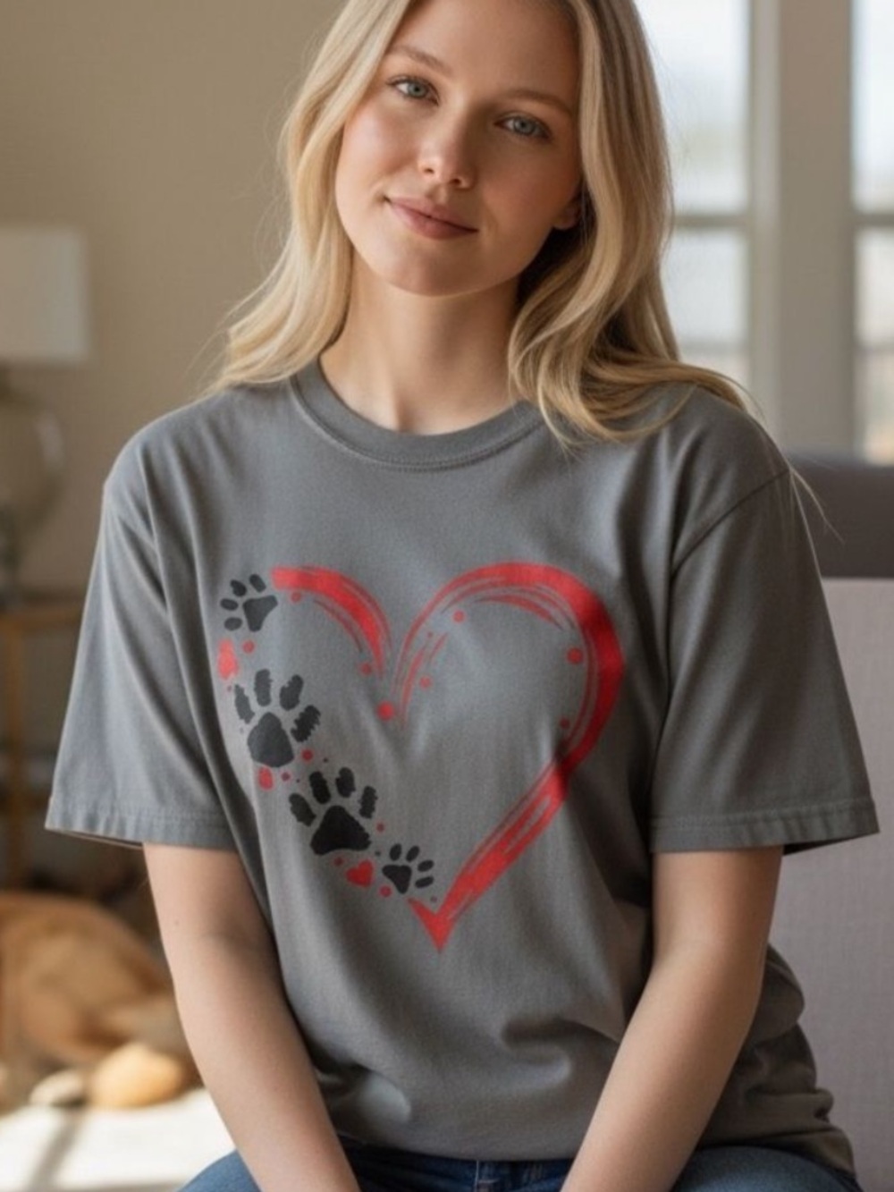 Dog Mom Paw Print Heart Graphic Tee Women’s XL Grey Red Gift